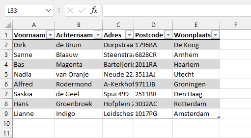 Excel tabel adressenlijst
